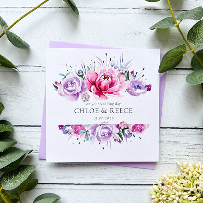Handmade Wedding Card - Pink and Purple Floral Frame Design
