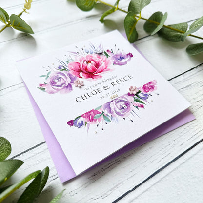 Handmade Wedding Card - Pink and Purple Floral Frame Design