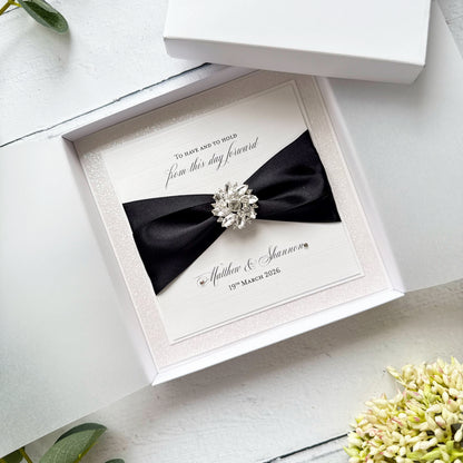 Luxury Boxed Wedding Card with Crystal Embellishment - Any Ribbon Colour