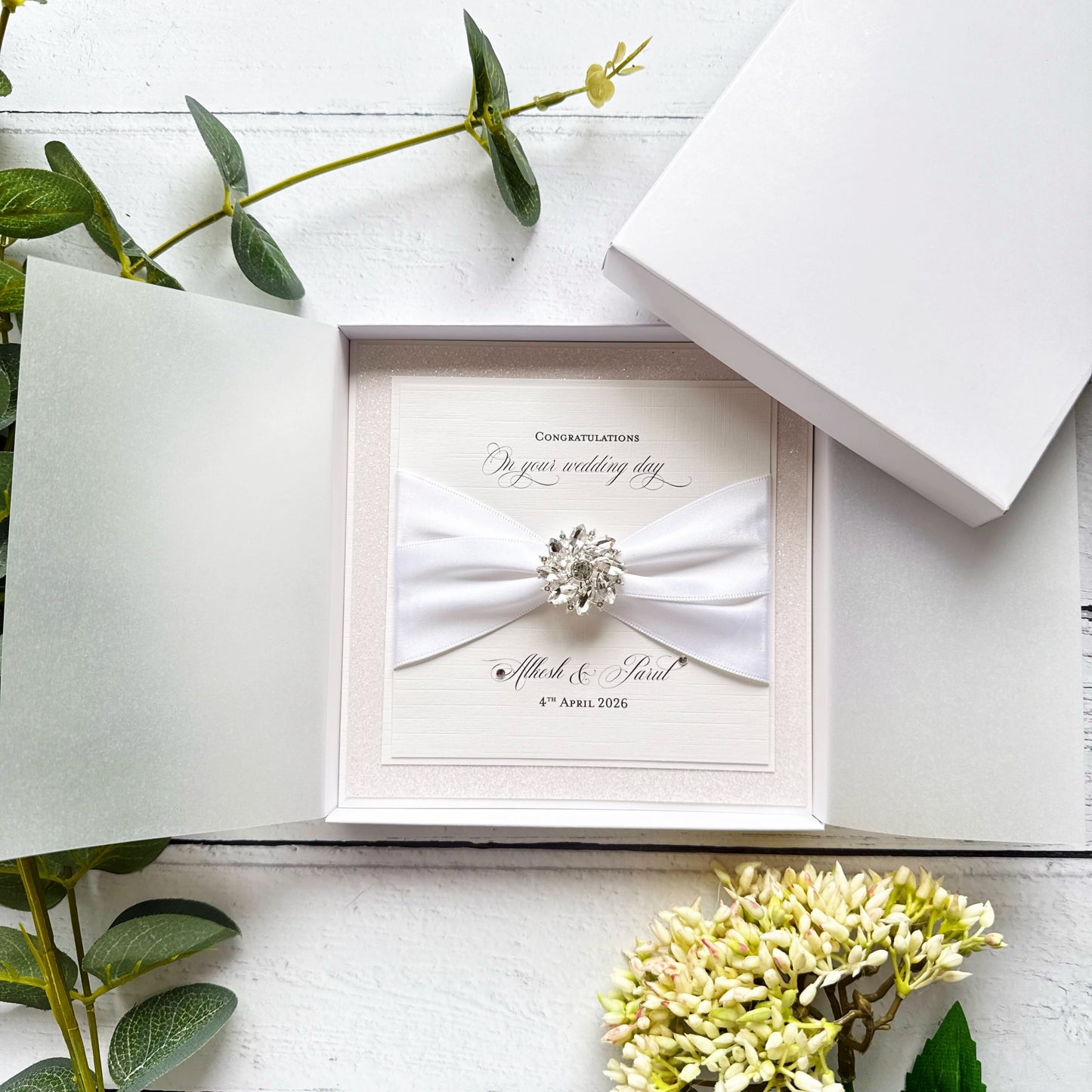 Luxury Boxed Wedding Card with Crystal Embellishment - Any Ribbon Colour