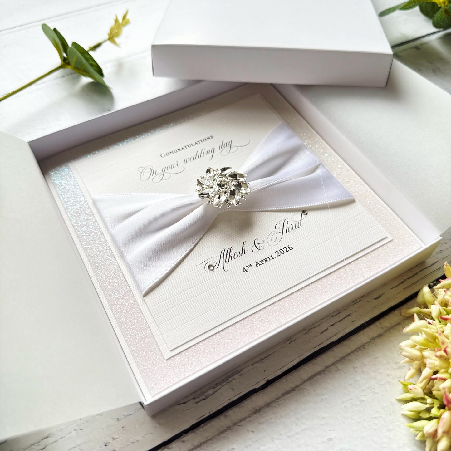 Luxury Boxed Wedding Card with Crystal Embellishment - Any Ribbon Colour