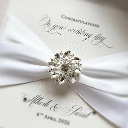Luxury Boxed Wedding Card with Crystal Embellishment - Any Ribbon Colour