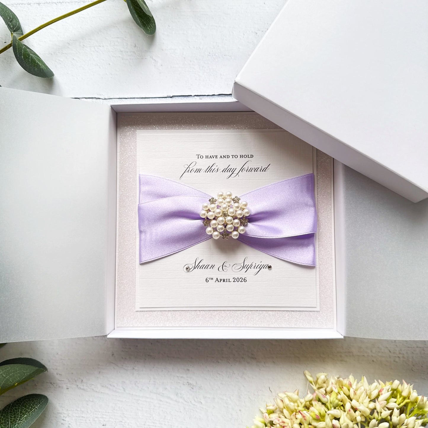 Luxury Boxed Personalised Wedding Card with Pearl Embellishment - Choice of Ribbon