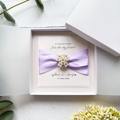 Luxury Boxed Personalised Wedding Card with Pearl Embellishment - Choice of Ribbon