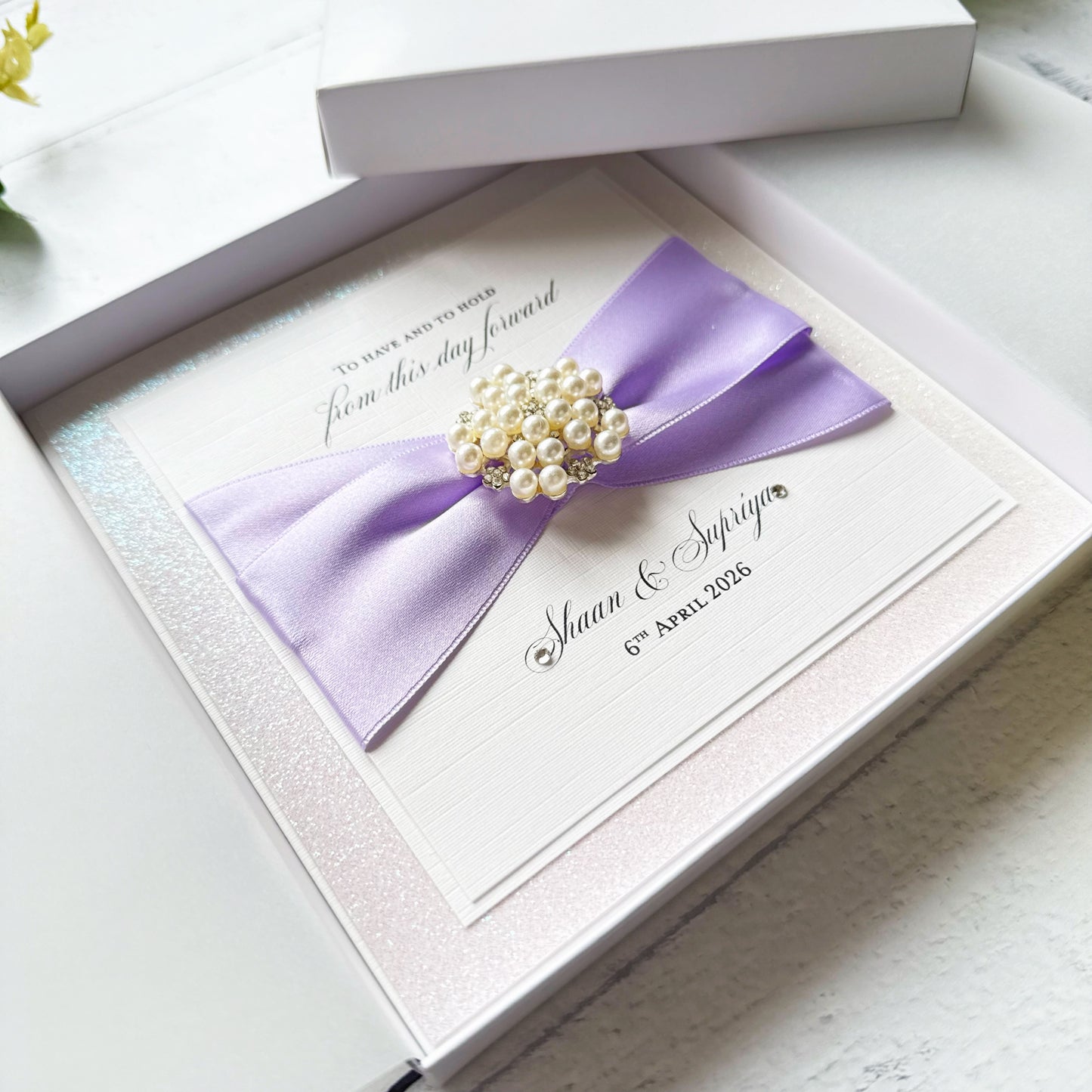 Luxury Boxed Personalised Wedding Card with Pearl Embellishment - Choice of Ribbon