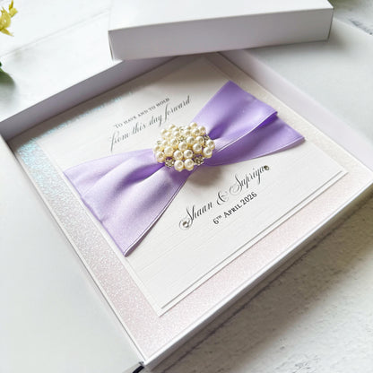 Luxury Boxed Personalised Wedding Card with Pearl Embellishment - Choice of Ribbon