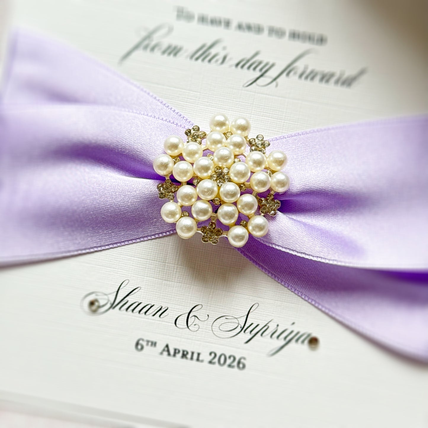 Luxury Boxed Personalised Wedding Card with Pearl Embellishment - Choice of Ribbon