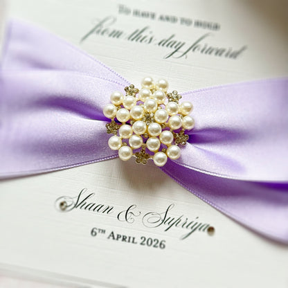 Luxury Boxed Personalised Wedding Card with Pearl Embellishment - Choice of Ribbon