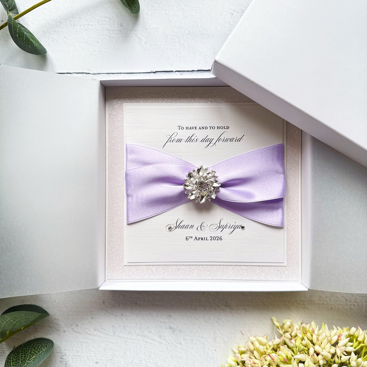 Luxury Boxed Wedding Card with Crystal Embellishment - Any Ribbon Colour
