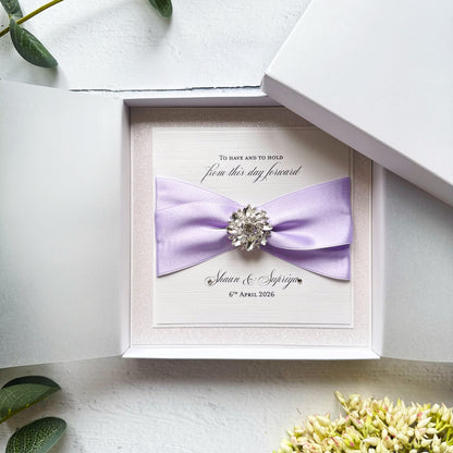 Luxury Boxed Wedding Card with Crystal Embellishment - Any Ribbon Colour