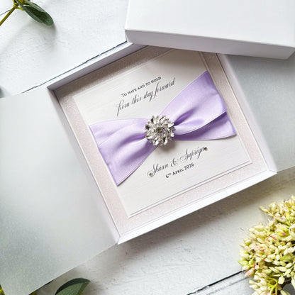 Luxury Boxed Wedding Card with Crystal Embellishment - Any Ribbon Colour