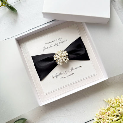 Luxury Boxed Personalised Wedding Card with Pearl Embellishment - Choice of Ribbon
