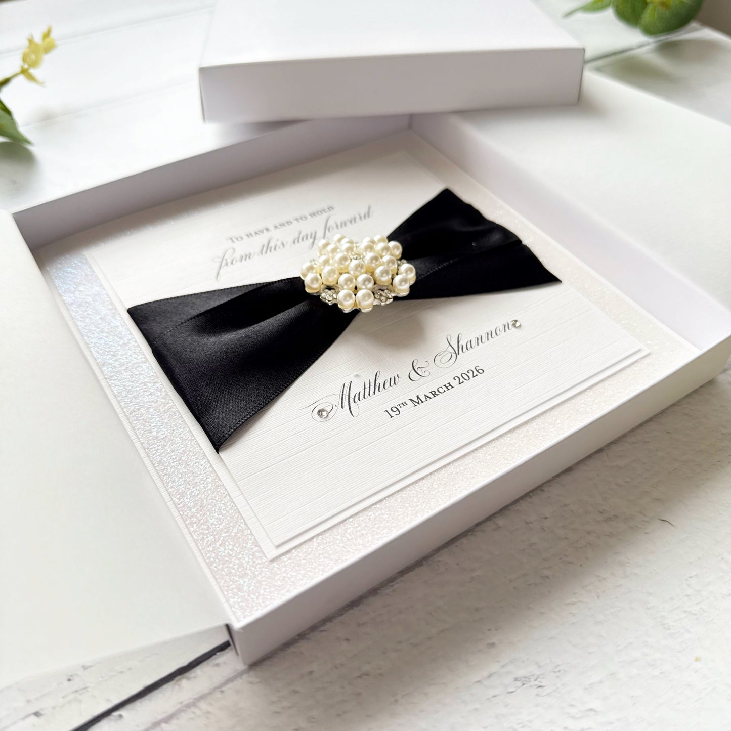 Luxury Boxed Personalised Wedding Card with Pearl Embellishment - Choice of Ribbon