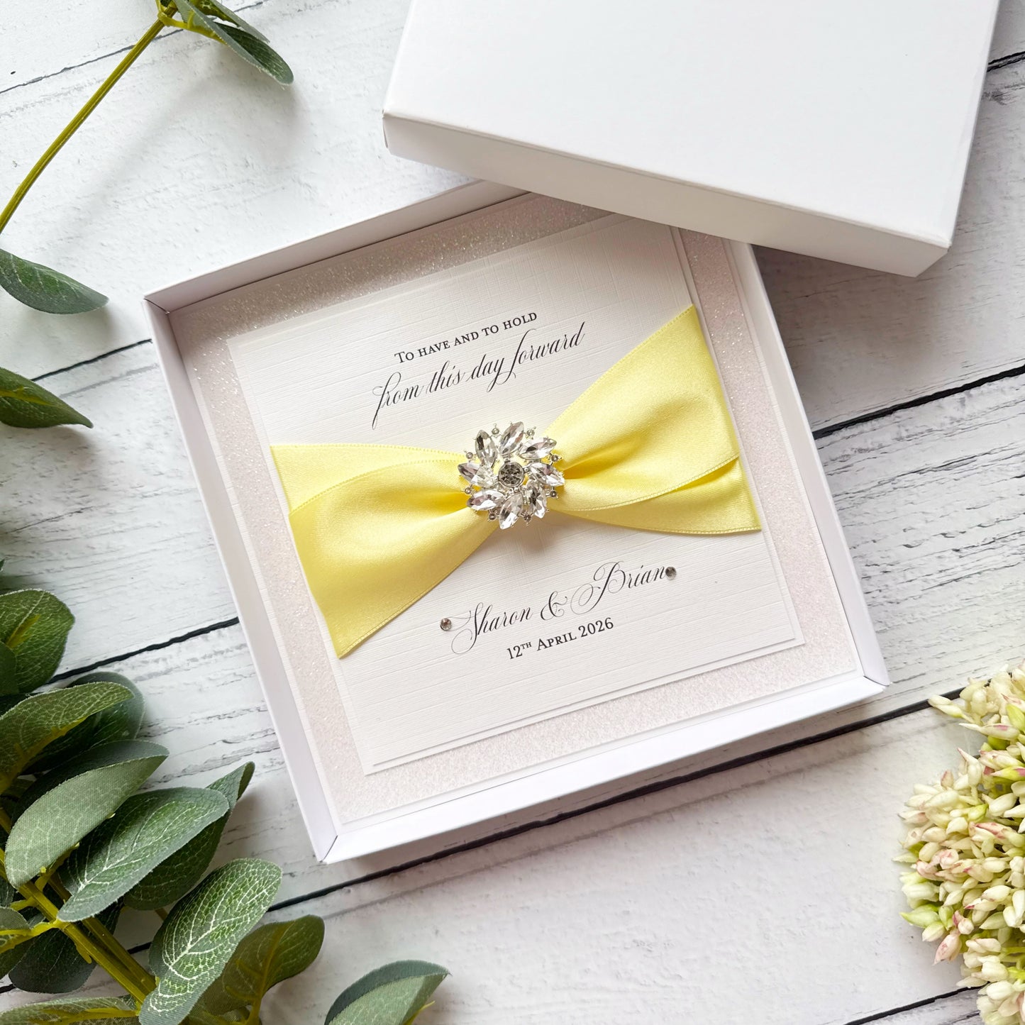 Luxury Boxed Wedding Card with Crystal Embellishment - Any Ribbon Colour