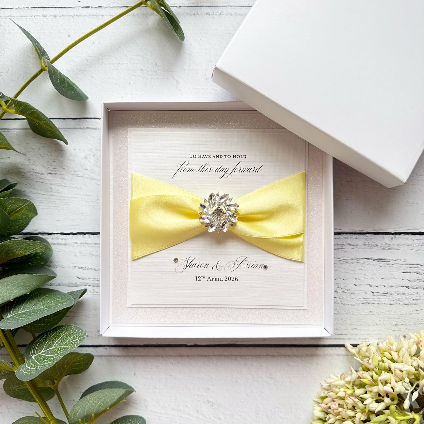 Luxury Boxed Wedding Card with Crystal Embellishment - Any Ribbon Colour