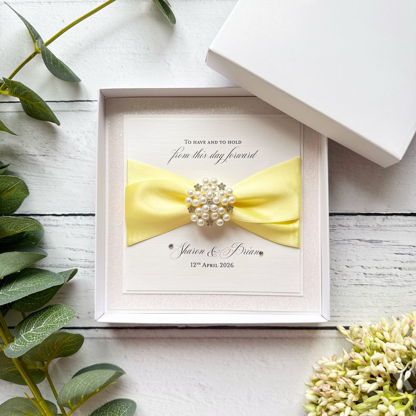 Luxury Boxed Personalised Wedding Card with Pearl Embellishment - Choice of Ribbon