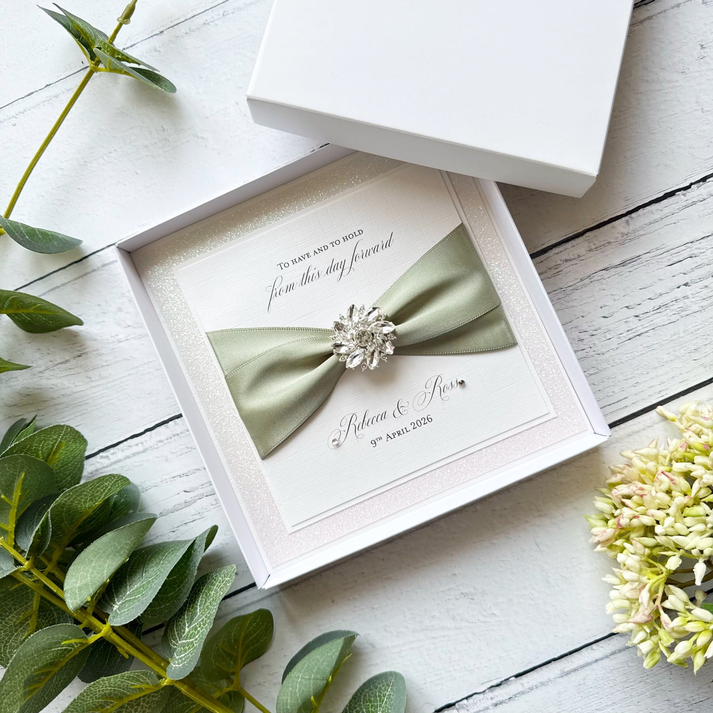 Luxury Boxed Wedding Card with Crystal Embellishment - Any Ribbon Colour