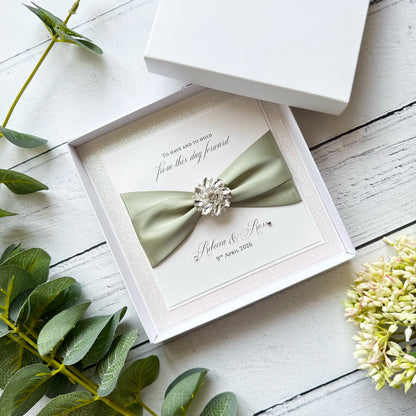 Luxury Boxed Wedding Card with Crystal Embellishment - Any Ribbon Colour