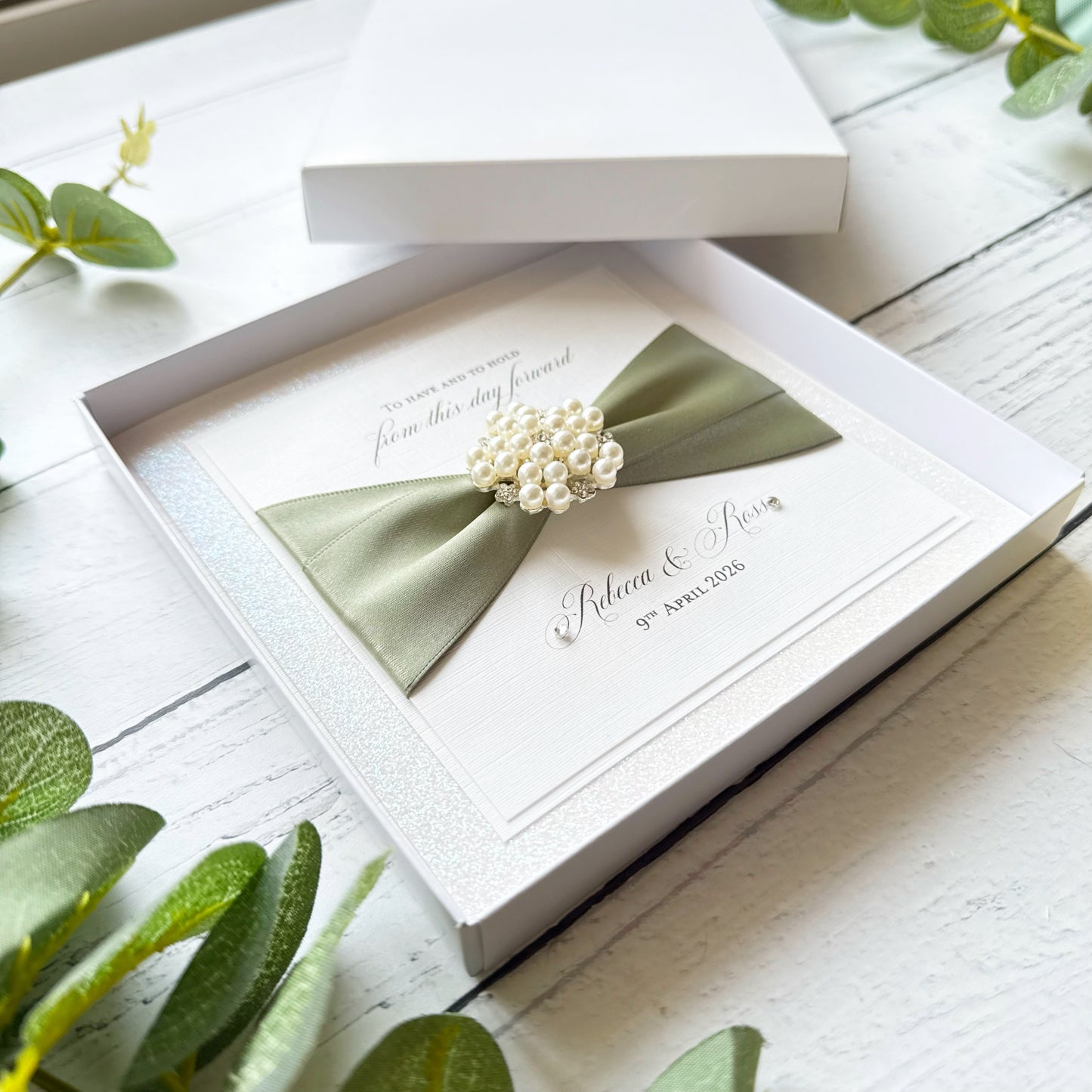 Luxury Boxed Personalised Wedding Card with Pearl Embellishment - Choice of Ribbon