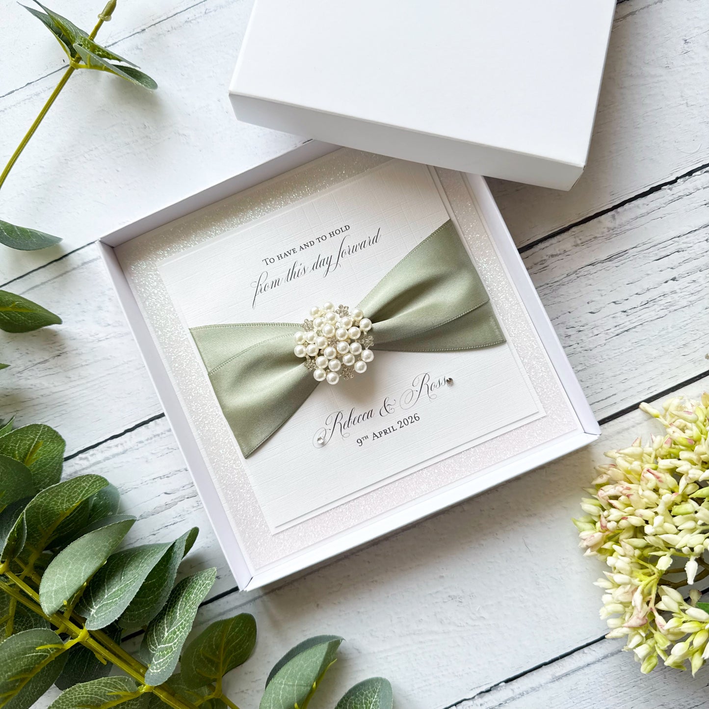 Luxury Boxed Personalised Wedding Card with Pearl Embellishment - Choice of Ribbon