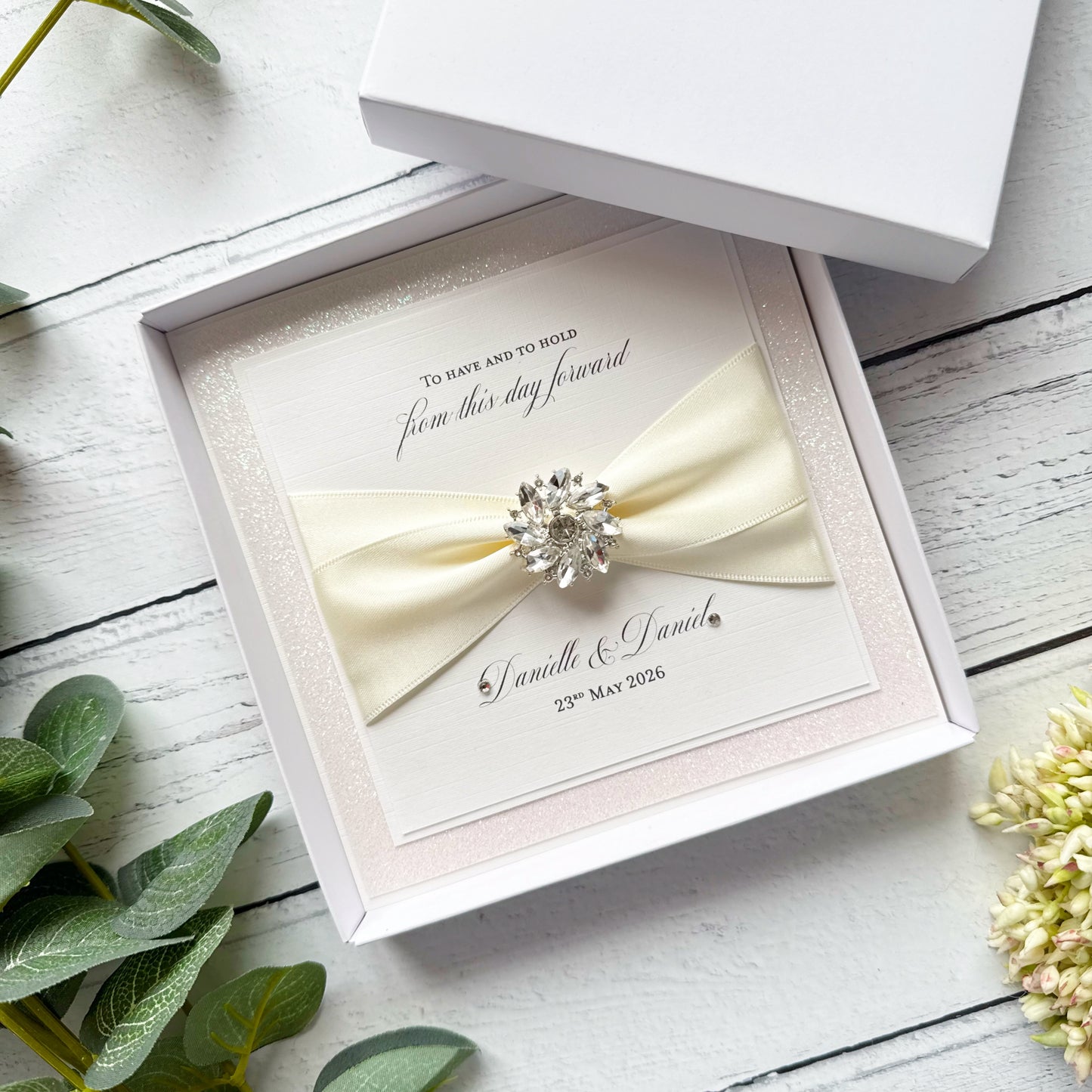 Luxury Boxed Wedding Card with Crystal Embellishment - Any Ribbon Colour