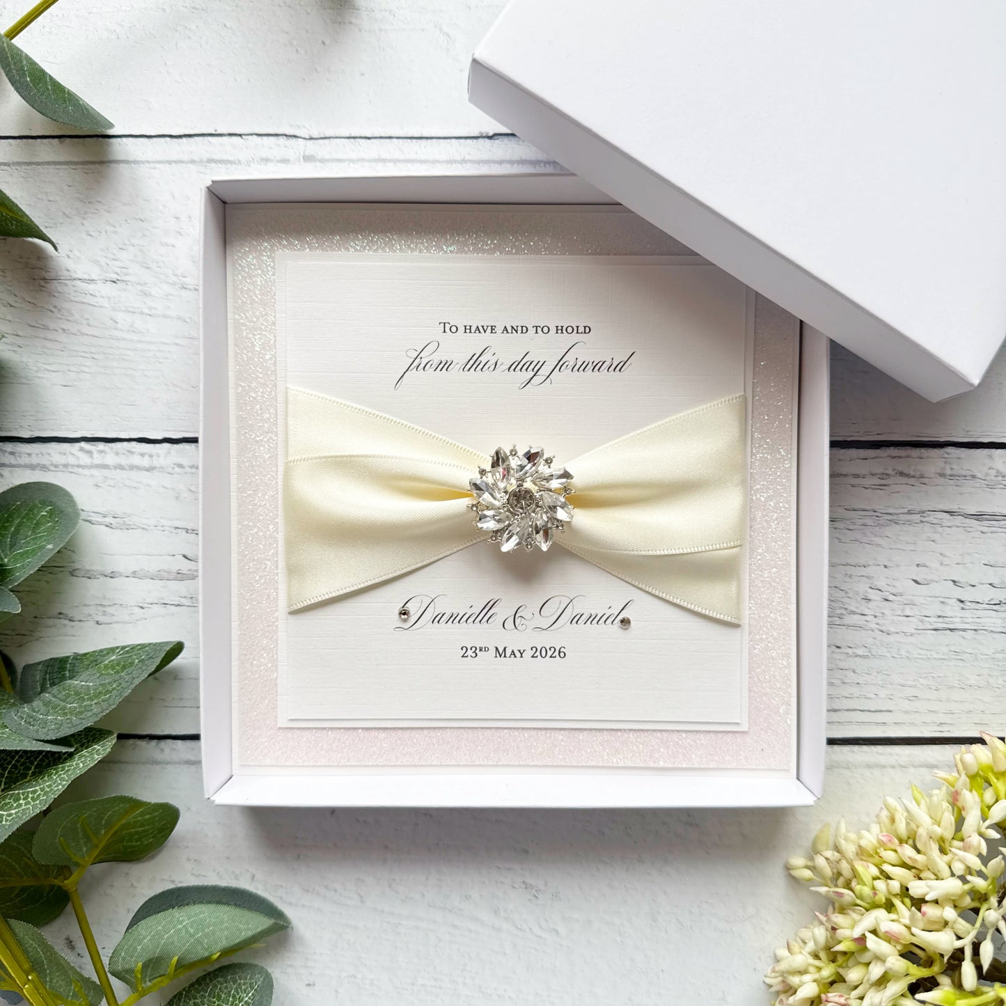 Luxury Boxed Wedding Card with Crystal Embellishment - Any Ribbon Colour
