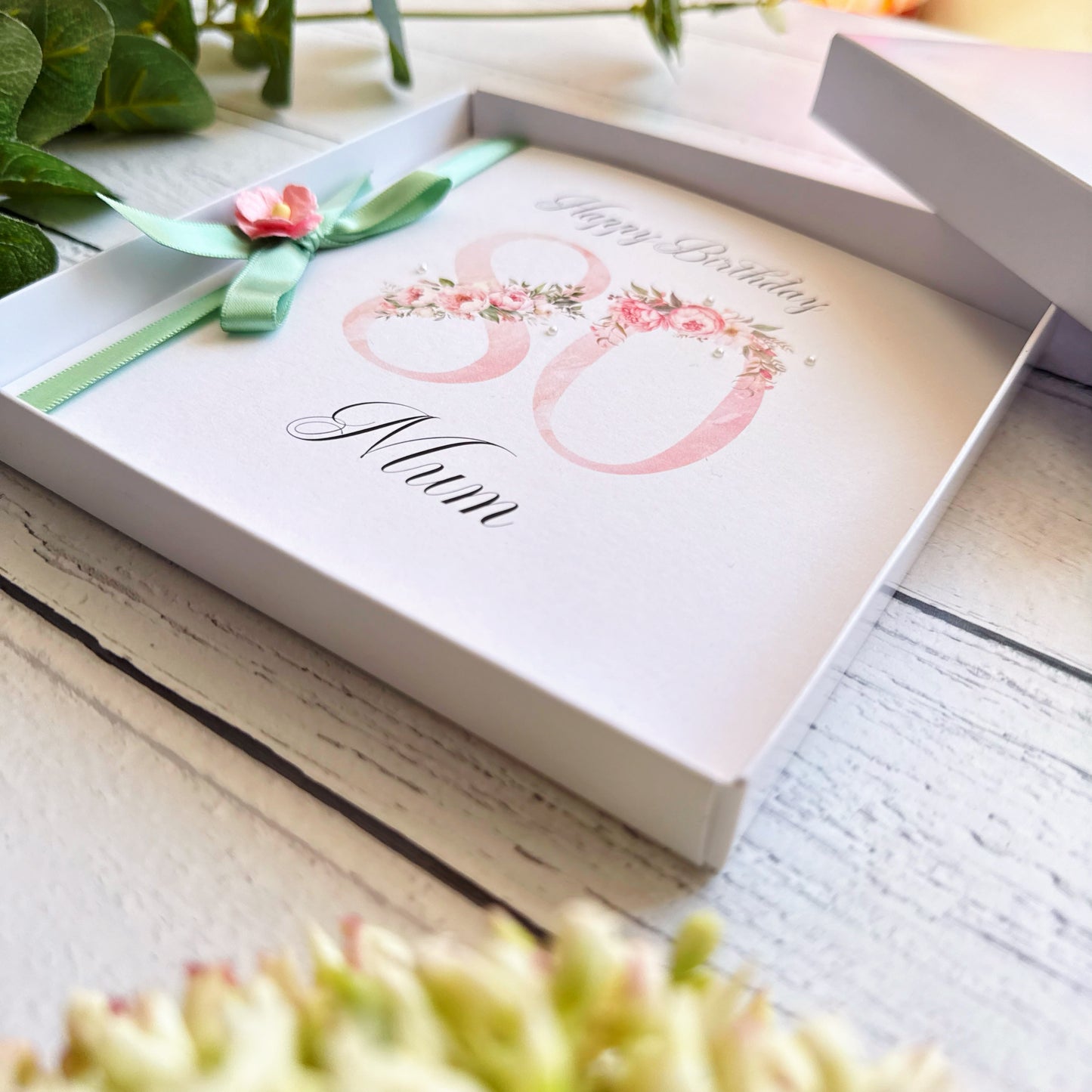 Personalised Floral Number 80th Birthday Card - Pink and Sage Green
