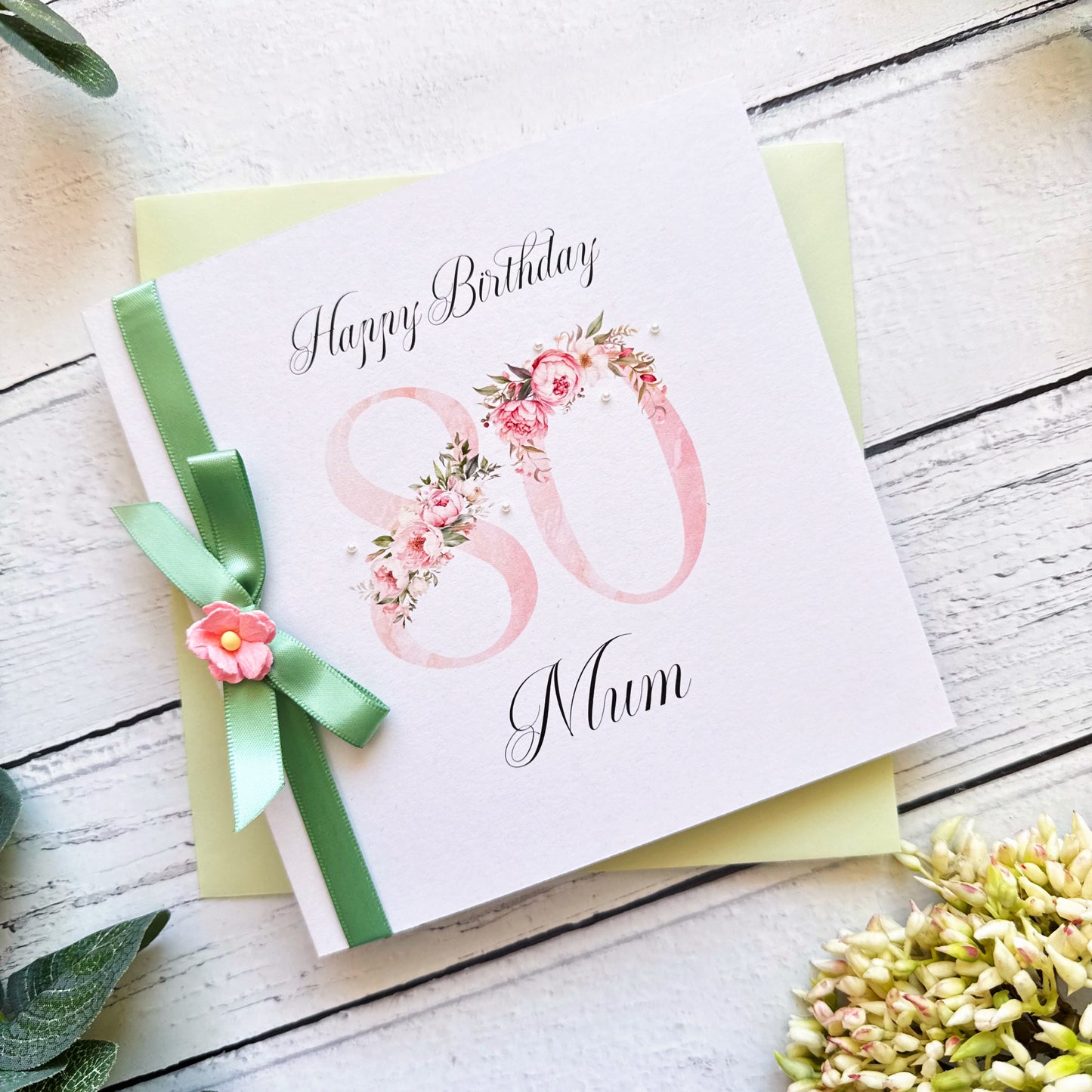 Personalised Floral Number 80th Birthday Card - Pink and Sage Green