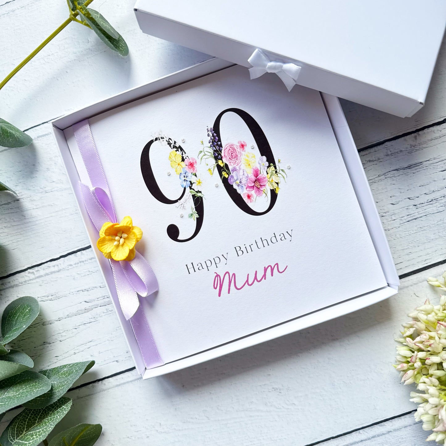 Personalised Floral Number 90th Birthday Card - Lilac & Yellow
