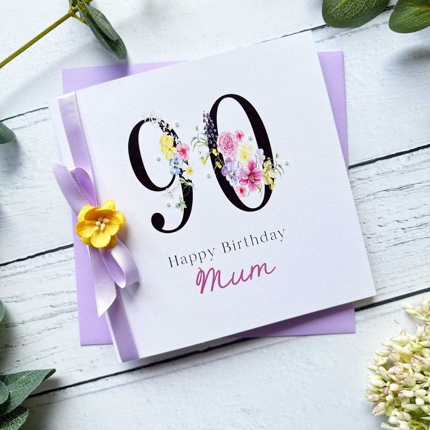 Personalised Floral Number 90th Birthday Card - Lilac & Yellow