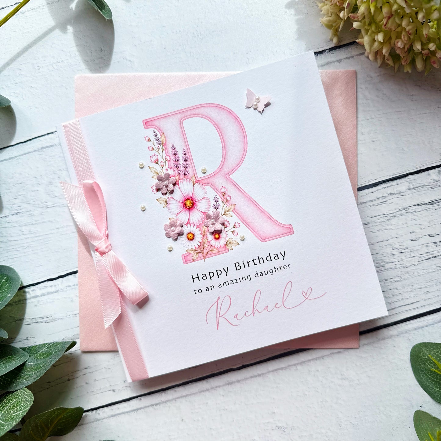 Monogram Birthday Card - Pretty Pink Design