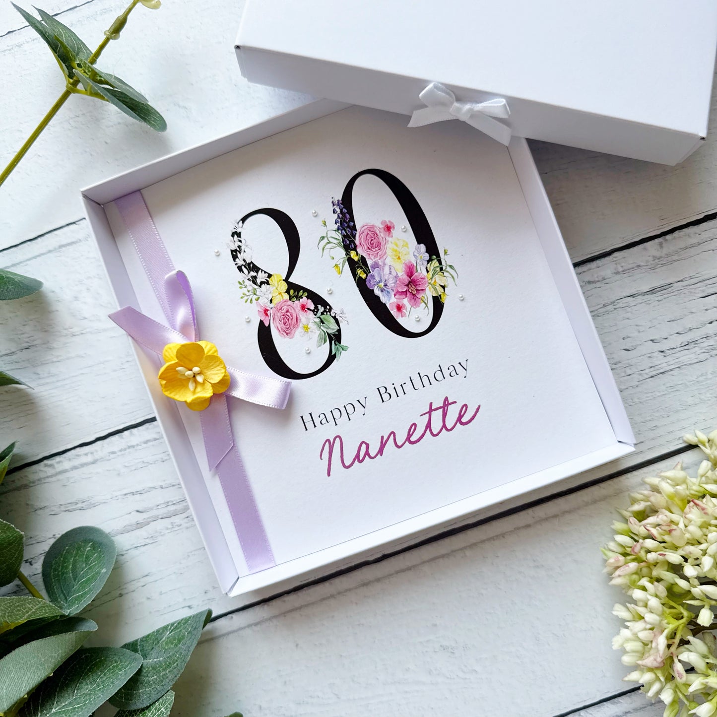 Personalised Floral Number 80th Birthday Card - Lilac & Yellow
