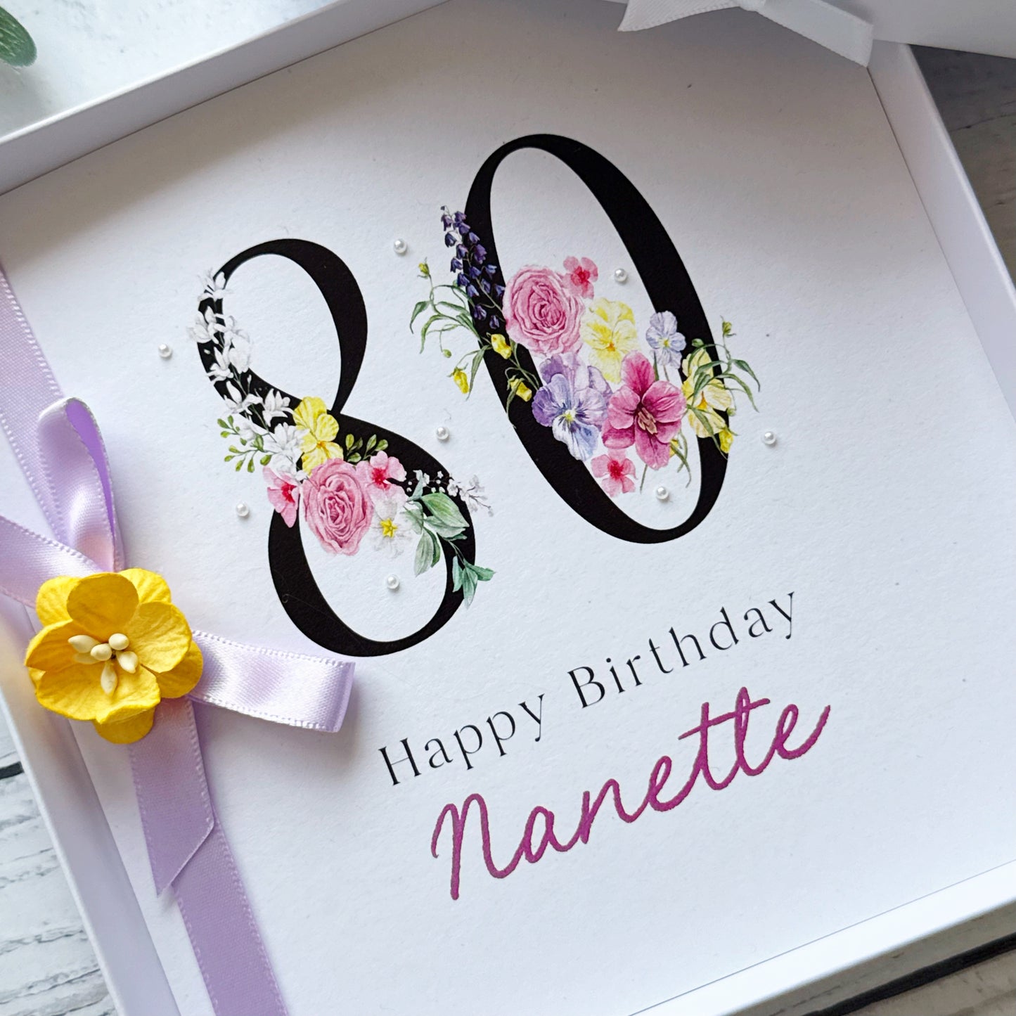 Personalised Floral Number 80th Birthday Card - Lilac & Yellow