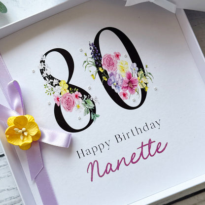 Personalised Floral Number 80th Birthday Card - Lilac & Yellow