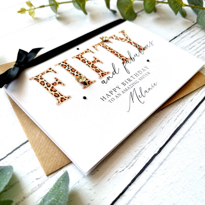 Fifty and Fabulous Leopard Print Birthday Card - Personalised