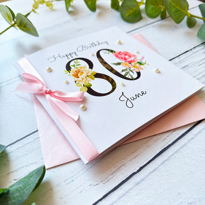 Personalised Floral Number 80th Birthday Card