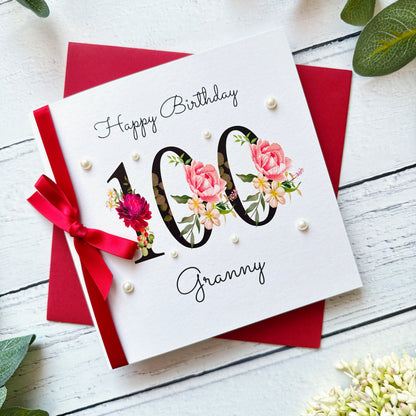 Personalised Floral Number 100th Birthday Card