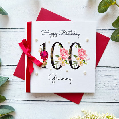 Personalised Floral Number 100th Birthday Card