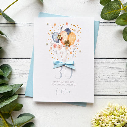 Personalised Boho Balloon 30th Birthday Card - Blue