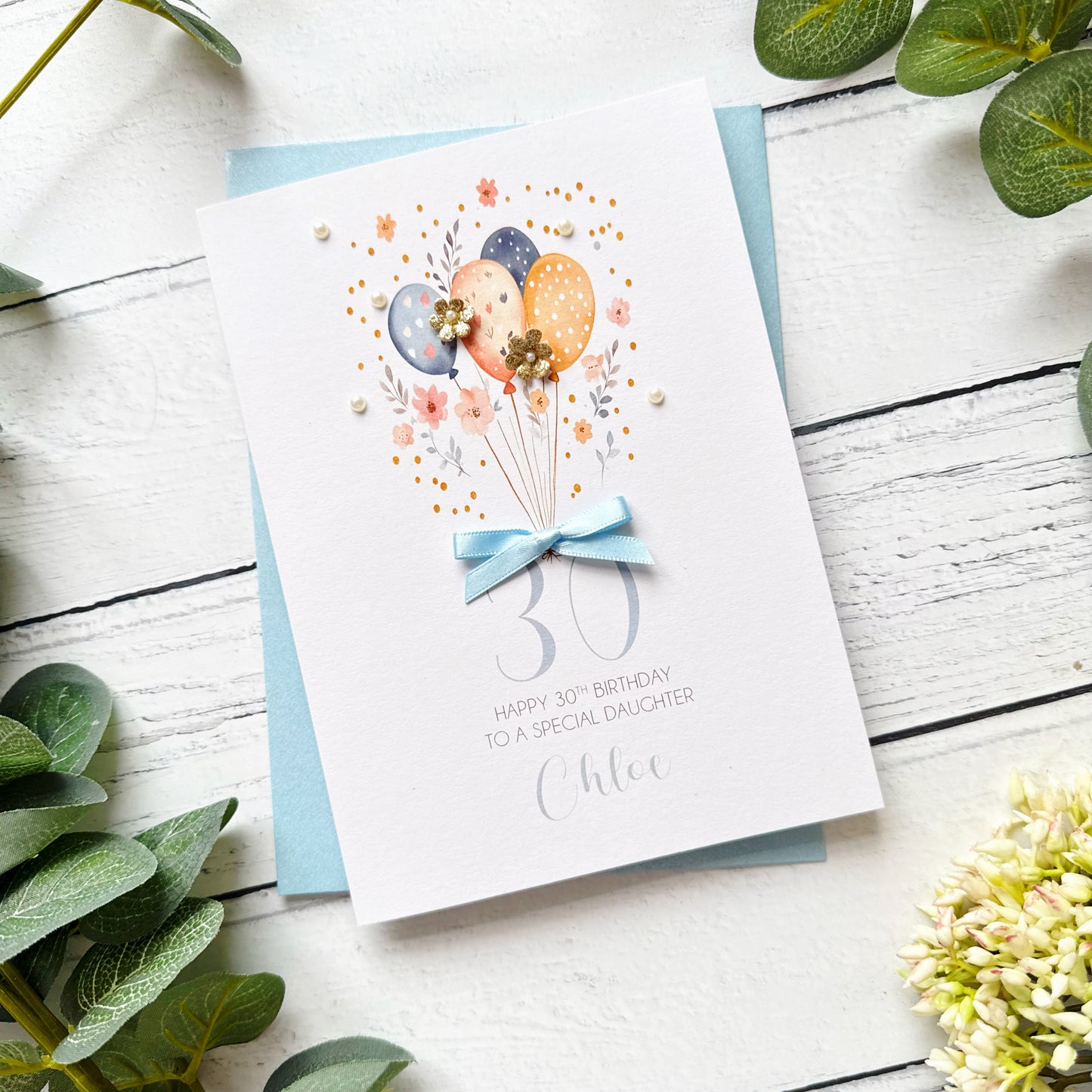 Personalised Boho Balloon 30th Birthday Card - Blue