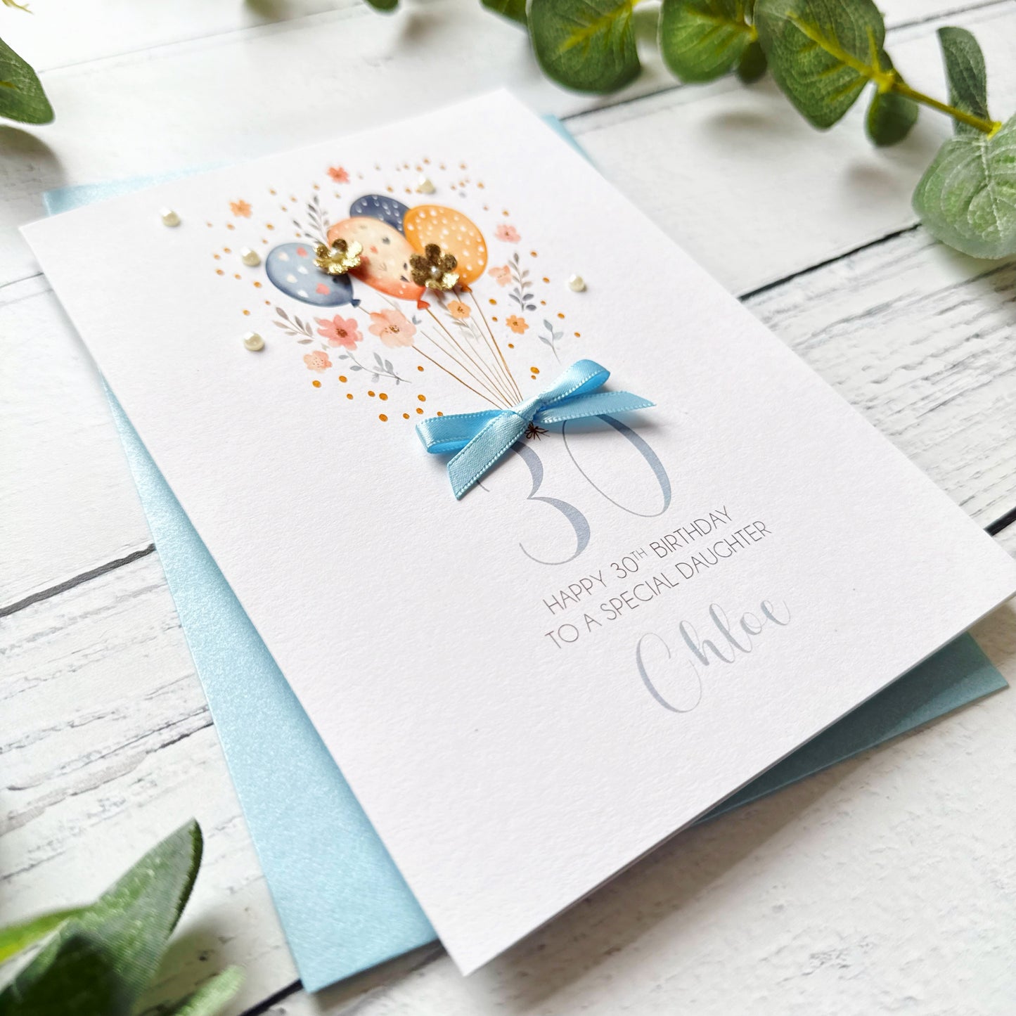 Personalised Boho Balloon 30th Birthday Card - Blue