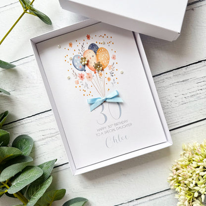 Personalised Boho Balloon 30th Birthday Card - Blue