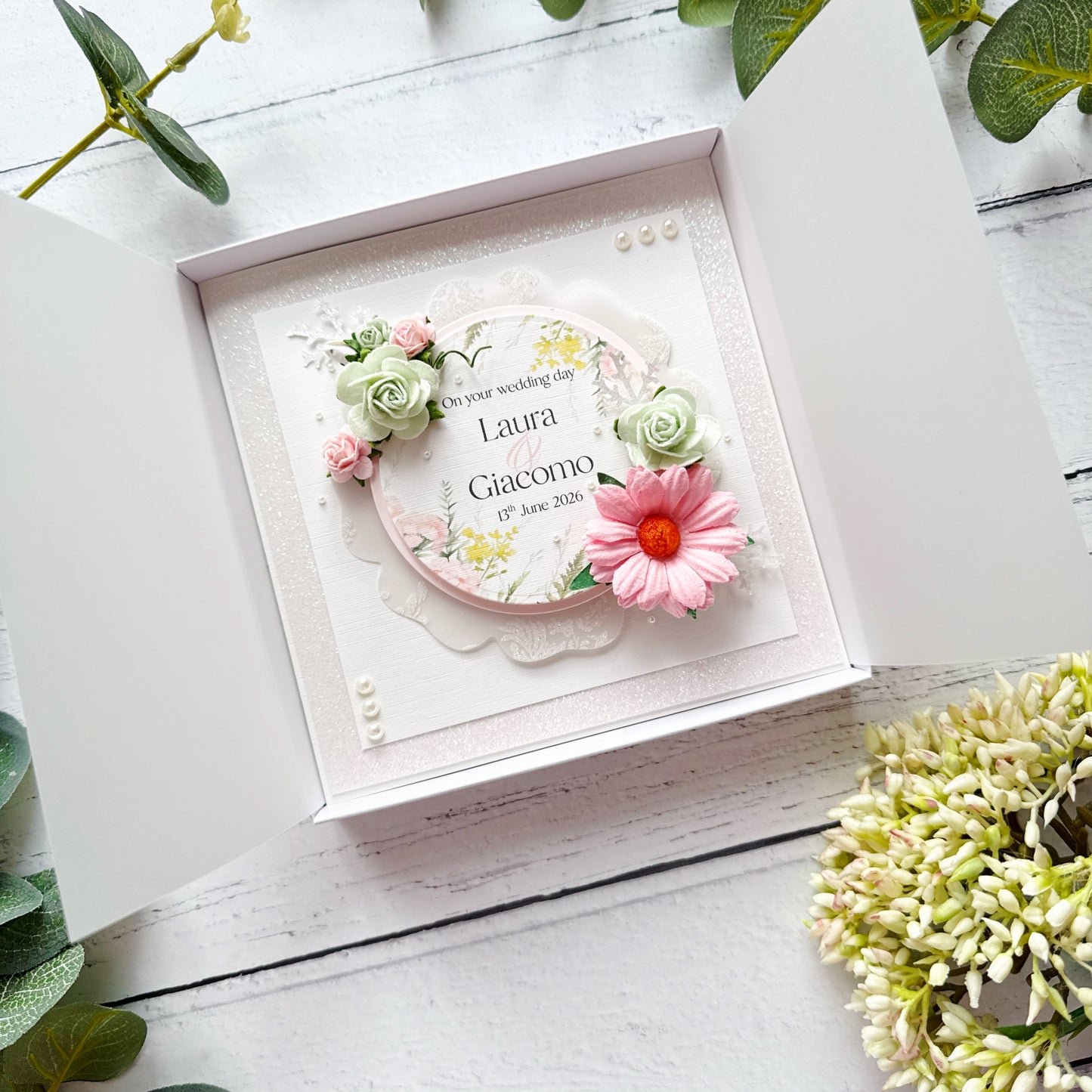 Beautiful Handmade Wedding Card with 3D Paper Flowers In Pink