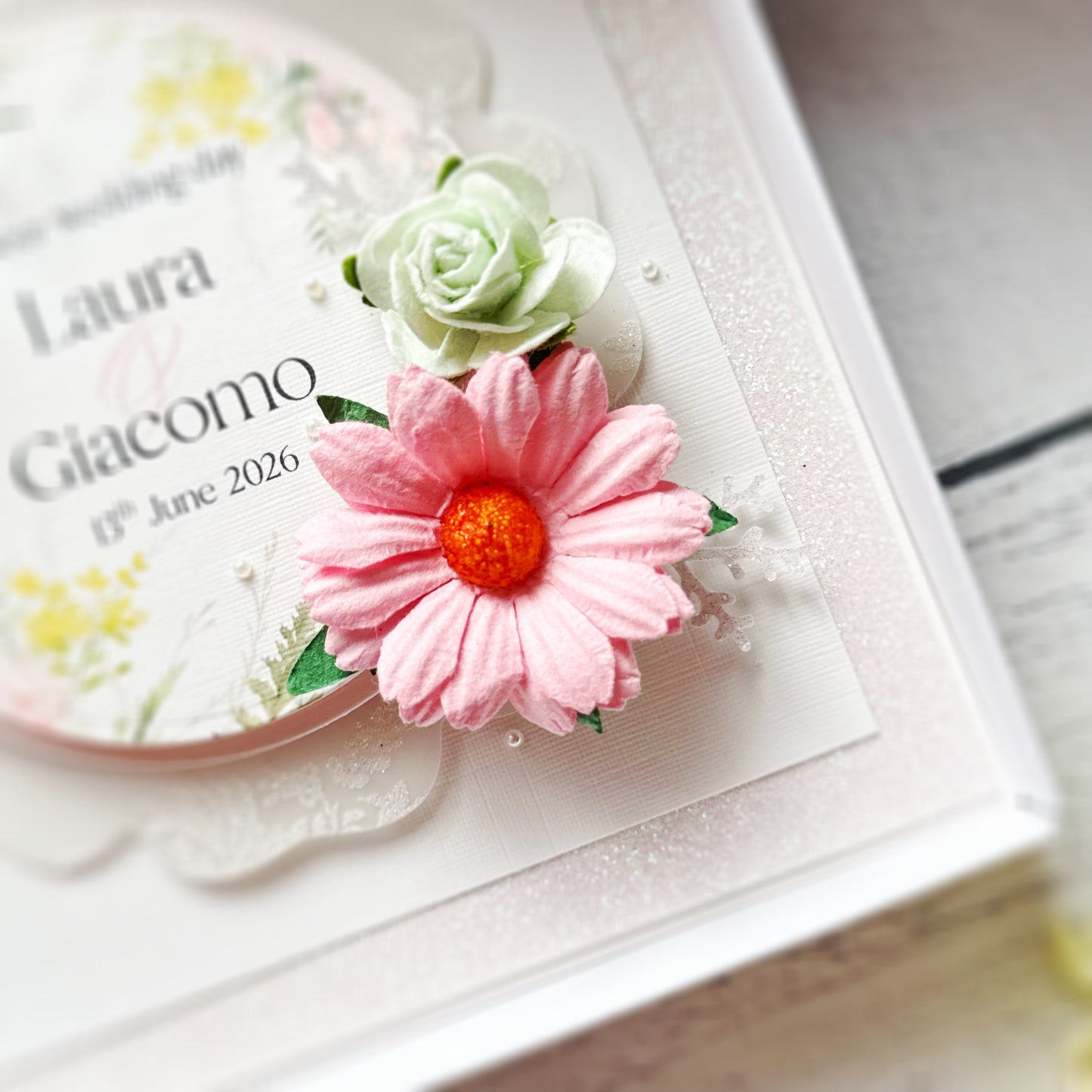 Beautiful Handmade Wedding Card with 3D Paper Flowers In Pink