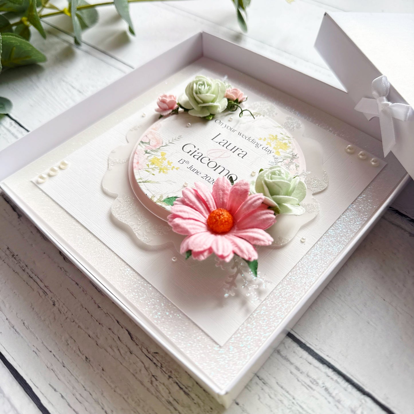 Beautiful Handmade Wedding Card with 3D Paper Flowers In Pink