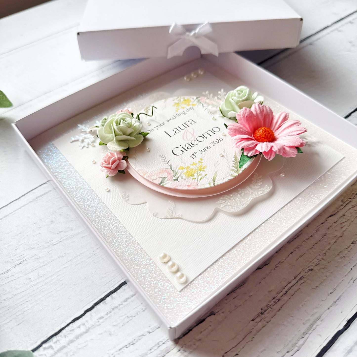 Beautiful Handmade Wedding Card with 3D Paper Flowers In Pink