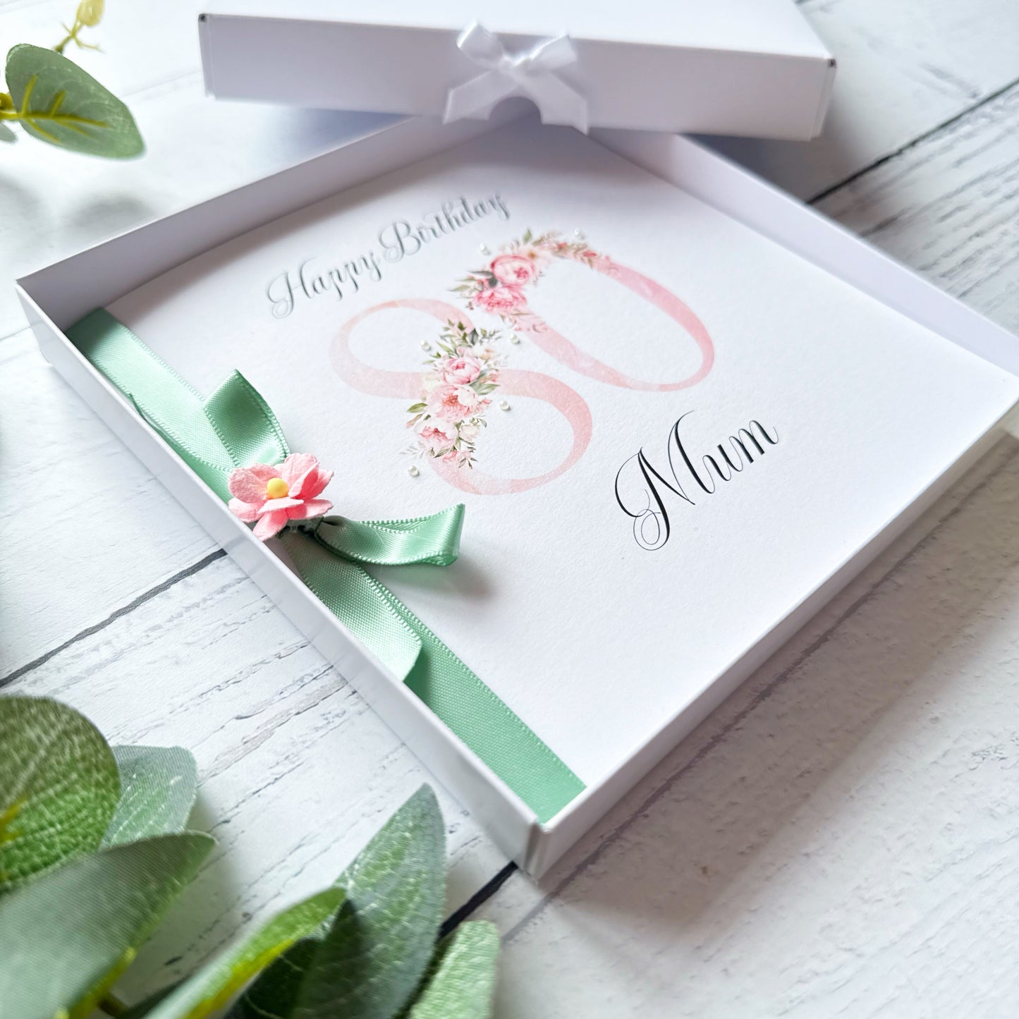 Personalised Floral Number 80th Birthday Card - Pink and Sage Green