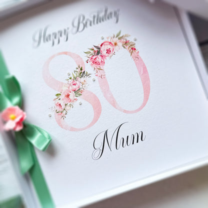 Personalised Floral Number 80th Birthday Card - Pink and Sage Green