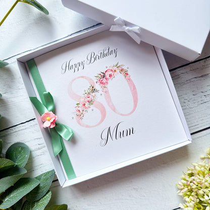 Personalised Floral Number 80th Birthday Card - Pink and Sage Green