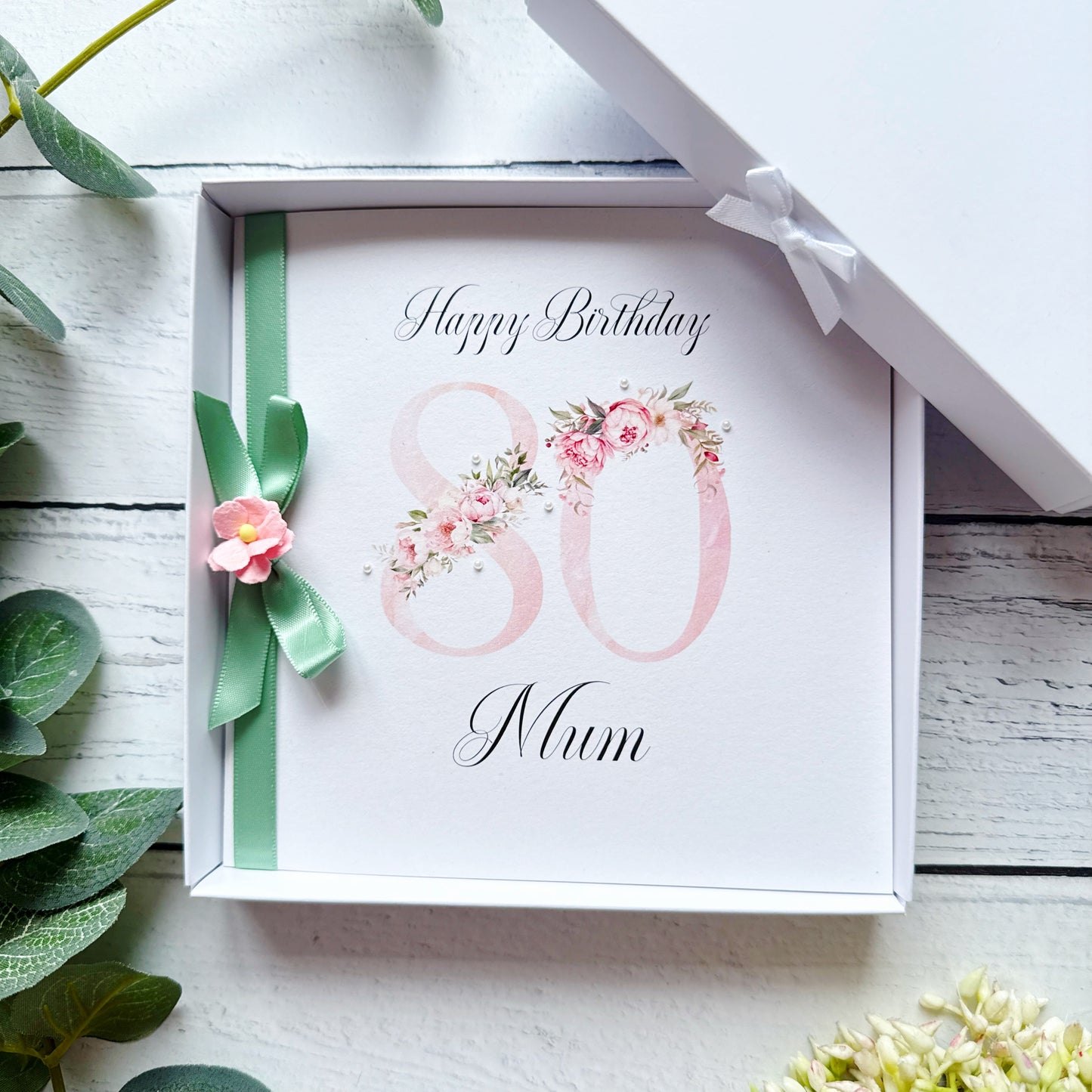 Personalised Floral Number 80th Birthday Card - Pink and Sage Green